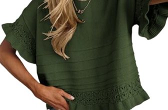 Yeokou Womens Short Sleeve Sweater Round Neck Ruffled Hem Knit Crochet Pullover