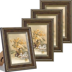 Vittanly 4×6 Picture Frames Set of 4, Vintage Photo Frames, Brown