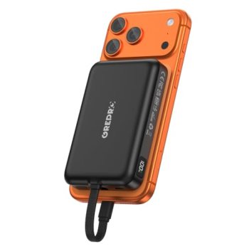 GREPRO Magnetic Power Bank, 10000mAh Built-in 22.5W USB-C Cable for iPhone