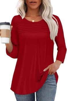 rosemia Womens Tops 3/4 Length Sleeve Blouses Dressy Casual Pleated Front T Shir