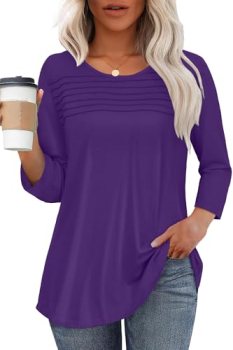 rosemia Womens Tops 3/4 Length Sleeve Blouses Dressy Casual Pleated Front T Shir