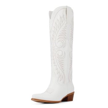 Cowboy Boots Women Knee High Cowgirl Boots Pull On Western Boots,White,7