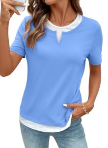 SHEWIN Summer Tops Crewneck Short Sleeve Shirts for Women Lightweight Business C