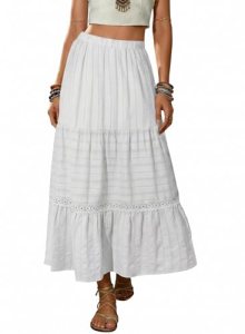 BLENCOT Womens White Skirt High Waist A-Line Cotton Flowy Long Skirt Small