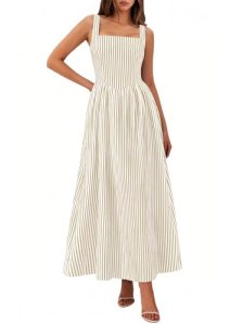 PRETTYGARDEN Women’s Maxi Dress Summer Striped Sundress, Beige Striped,M