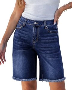 luvamia Jean Bermuda Shorts for Women Trendy Raw Hem Distressed Denim Shorts Mid
