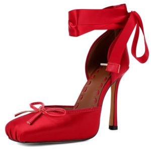 JilTrdWei Women’s Satin Ballet Heels, Lace-Up Square Toe Stiletto Pumps Red