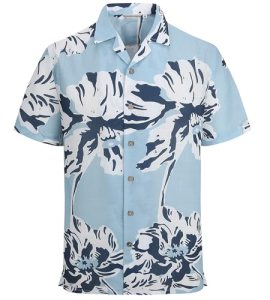 Mens Linen Short Sleeve Vintage Printed Beach Shirts,Blue w/White Flower,M