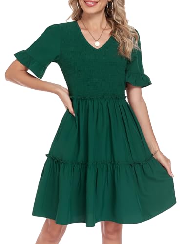 Lyrur Women’s Spring Summer Casual Dresses V Neck Ruffle Sleeve Smocked Tiered…