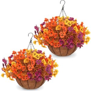 2 Set Artificial Fall Hanging Flower Baskets for Outdoor Autumn Decor