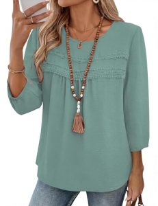 Ivicoer Womens 3/4 Length Sleeve Shirts Casual Chiffon Blouses Green M