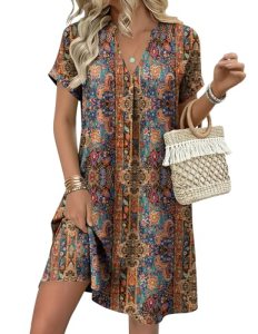Zeagoo Shift Dress Resort Henley A-Line Mini Pockets Women Brown Floral