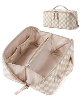 BAGSMART Puffy Travel Makeup Bag Toiletry Bag for Women, Checkred Khaki