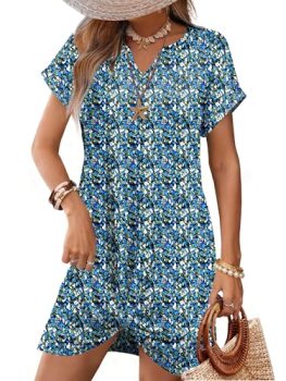 RUMIA Beach Cover Up V Neck Summer Dress Floral Black and Blue M