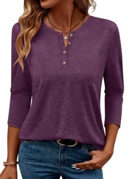 TICTICMIMI Women’s 3/4 Sleeve Henley Tops Casual Button Down Loose T Shirts