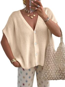 PRETTYGARDEN V Neck Batwing Short Sleeve Ribbed Knit Sweater Tops, Beige, S