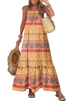 Dokotoo Summer Maxi Dress for Women U Neck Boho Floral Dress Orange M