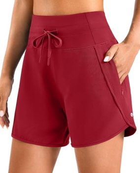 Women’s 5″ Athletic Gym Running Shorts with Zipper Pockets,Red,S