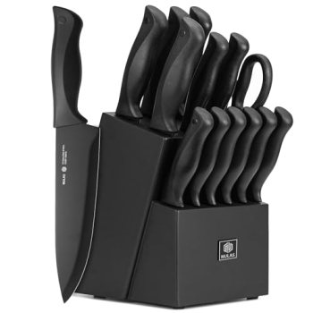 NULAS 15-Piece Kitchen Knife Set with Block and Built-In Sharpener, Black