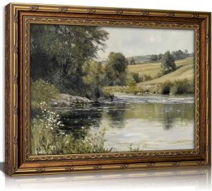 Vintage Gold Framed Wall Art Retro Rustic Farmhouse Green Nature Landscape Paint