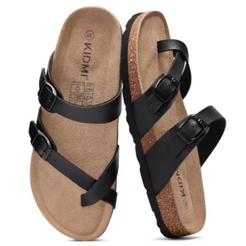 KIDMI Women’s Cork Footbed Sandals with Toe Loop Comfortable Slip On Slides