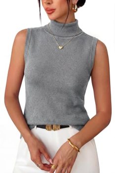Arach&Cloz Women’s Cashmere Turtleneck Sleeveless Fall Work Tank Top Grey