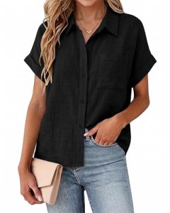 SEMARO Womens Cotton Button Down Shirts Casual Short Sleeve Solid Summer Blouses