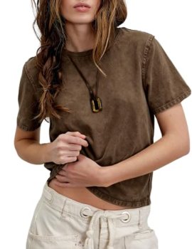 Yozazzy Vintage T Shirts for Women Casual Washed Cropped Tops(Brown-L)