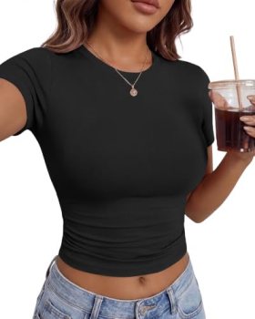 TNNZEET Black Shirt Womens – Slim Fit Short Sleeve Crop Top Crew Neck Casual Bas