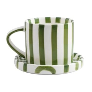 Cup and Saucer Set Hand-Painted Green Stripes