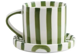 Cup and Saucer Set Hand-Painted Green Stripes