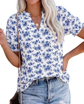 PRETTYGARDEN Womens Floral Short Sleeve Blouses,White Blue Flower,M