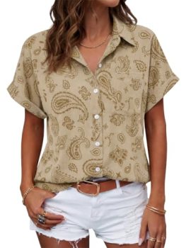 Beautife Womens Short Sleeve Shirts Leopard Printed V Neck Collared Button Down