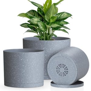 KUGAZ Plant Pots, 10/9/8 Inch 3 Pack Cylindrical Flower Pots with Drainage Holes