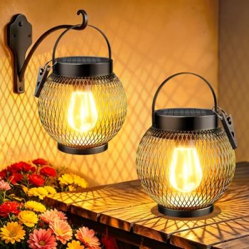 Tuyluxe Solar Lanterns Outdoor Waterproof, Metal Hanging Lights, 2 Pack
