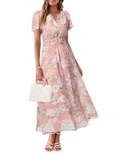 Simplee Women Floral Summer Maxi Dress Boho Flowy Casual Chiffon Short Sleeves V