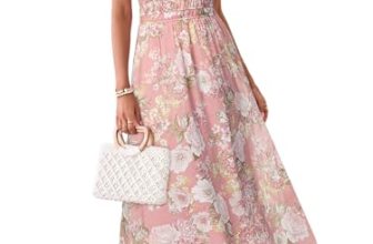 Simplee Women Floral Summer Maxi Dress Boho Flowy Casual Chiffon Short Sleeves V