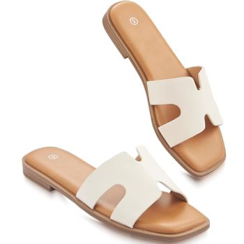 KENMITDY Women Slide Sandals Fashion Flat Soft Memory Foam Comfortable Faux Leat
