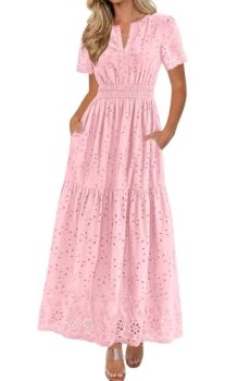 PRETTYGARDEN V Neck Short Sleeve Hollow Out Lace Maxi Dresses Ruffle A line Casu