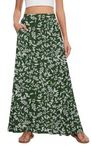 Leafsay Womens Maxi Long Flowy Summer A-Line Skirt(Dark Green Leaf,L)