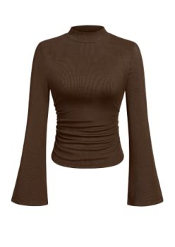 PRETTYGARDEN Womens Long Bell Sleeve Mock Neck Ribbed Tops (Brown,S)