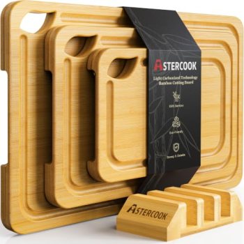 Astercook Nature Bamboo Cutting Boards for Kitchen with Wood Storage Stand