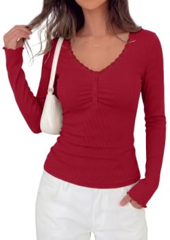 PRETTYGARDEN Womens Lace Trim V Neck Tops Trendy Long Sleeve Henley Shirt