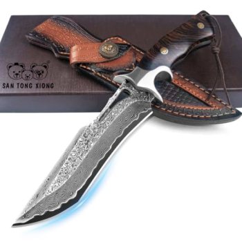 SAN TONG XIONG Damascus Hunting Knife,10.4″ Fixed Blade VG10 Leather Sheath