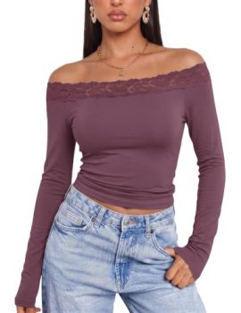 LUYAA Lace Trim Off The Shoulder Tops for Women Womens Long Sleeve T Shirts