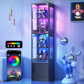 Display Cabinet with Glass Doors, RGB Lighting & Bottom Storage, Black