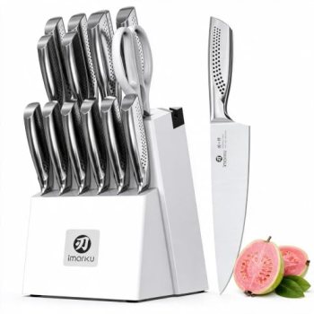 imarku 15PCS White Knife Set, High Carbon Stainless Steel with Sharpener