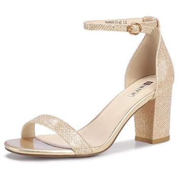 IDIFU Women’s Gold Heels 3 Inch Block Chunky Open Toe Ankle Strap Heel