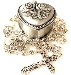 elegantmedical HANDMADE Silver rose beads Catholic 5 DECADE Rosary case Cross Gi