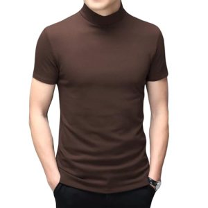 Men’s T Shirt Short Sleeve Basic Mock Turtleneck Tops Coffee S